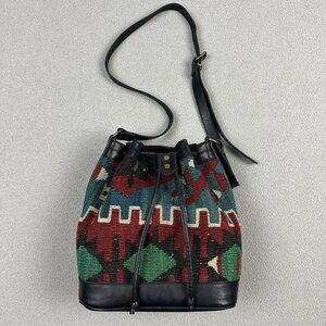 Vtg Wool Kilim & Leather Bucket Bag Handmade In Turkey Western Native Colorful